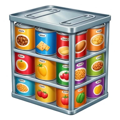a box labeled food filled with canned food sticker
