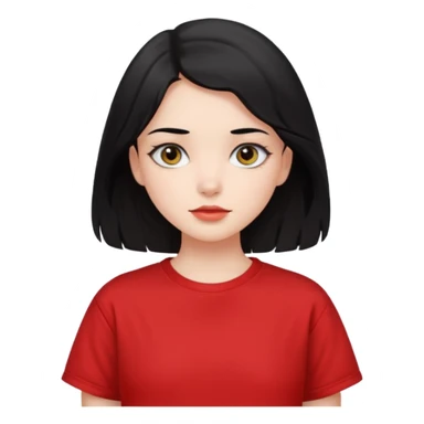 Buatkan aku emoji perempuan yang memiliki warna kulit cerah, mata yang cantik, dan mempunyai rambut hitam yang lurus dan sedikit bergelombang dan panjang rambutnya sampai ke pundak, dan memakai kaos pendek oversize berwarna merah  sticker