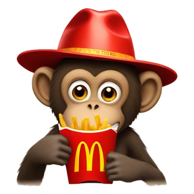 Monkey eating a packet of mcdonalds fries wearing a hat that says petes takeaways sticker