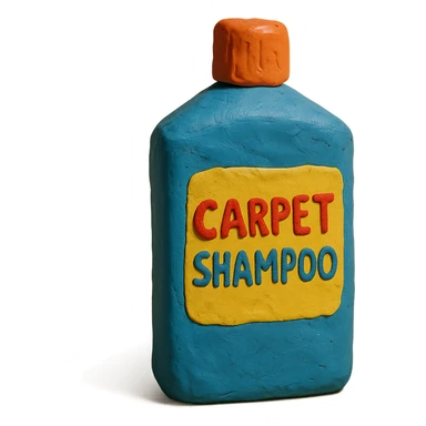 bottle of carpet shampoo with bright label and visible fingerprints, claymation style sticker