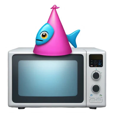 A microwave wearing a party hat with a fish face sticker