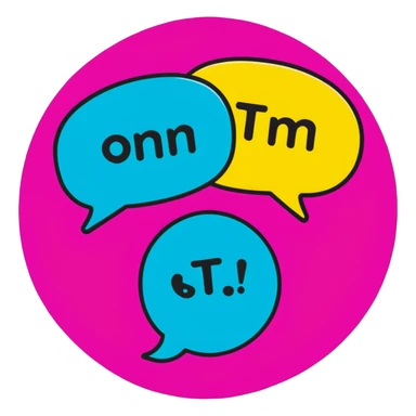 Minimalist sticker with white 'tt' letters on a black circle with cyan, magenta, and yellow dots below, speech bubble with street style influence sticker