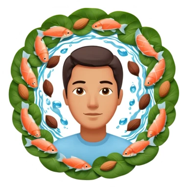 Relaxed floating man surrounded by circling foods: pieces of salmon, dark chocolate, almonds, and spinach leaves. These omega-3 and magnesium-rich foods glow softly as they orbit around him, creating a peaceful, weightless atmosphere. sticker