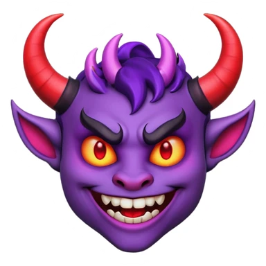 "Smiling face with horns devil emoji, purple skin, curved black horns, mischievous grin with fangs, pointed eyebrows, glowing red eyes, simple white background, cartoon emoji style, high detail, vibrant colors, isolated sticker