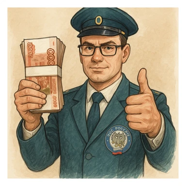 В слегка рисованном, но при этом объемном стиле инспектор ФНС держит пачку 5000 тысячных купюр, другой показывает класс и смотрит ровно на зрителя sticker
