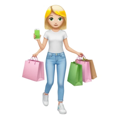 Girl with blonde hair with light pink streaks , green eyes , a white shirt that is tight , light blue jeans and white sneakers holding shopping bags while walking in a mall sticker