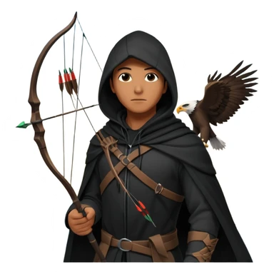 hooded man in a tall buliding a silloute shot, bow and arrows in hand. in the sky a big eagle is flying in modern time sticker