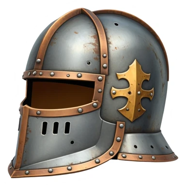 antique medieval knight helmet with light rust patches and weathered metal sticker