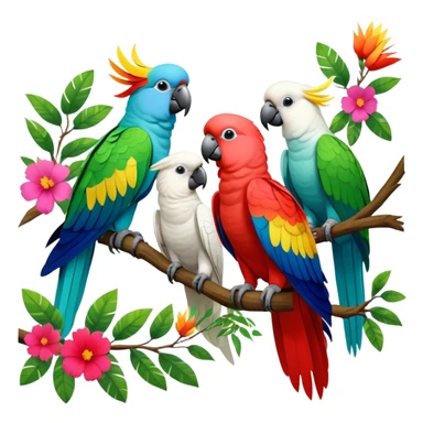 Close-up collage of vibrant Ara parrots and Inca cockatoos sitting on tree branches, surrounded by lush greenery. Bright colors of the birds stand out against a natural, sunny background of trees and flowers. Transparent background. sticker