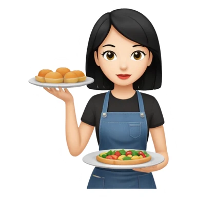 waitress with black hair and a food plate with a black tshirt and ª jeans apron sticker