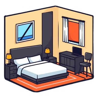 Cozy hotel room with bed and window sticker
