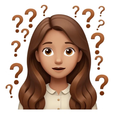 Happy Confused girl with long brown hair surrounded by floating question marks elegant cute  sticker