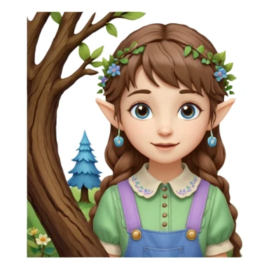 Kind happy whimsical quirky Girl toymaker, wood carving elf. Woodland nature creator. Blue eyes. brown hair (short just-below chin length) wavy hair & bangs. Whimsical playful cute. Overalls with nature embroidered cute shirt collar. Light green, light purple and light blue colour aesthetic  sticker