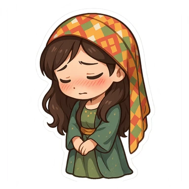 Kurdish sticker, cartoon style, Kurdish man or woman in jamadani, embarrassed or shy, blushing, looking down, no text sticker