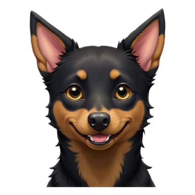Cinematic Comical Black and Tan Kelpie Portrait Emoji, Head tilted dramatically with an exaggeratedly amused expression, featuring a striking black Fur with bold tan patches, wide, expressive dark eyes filled with playful disbelief, Simplified yet hilariously expressive features, highly detailed, glowing with a slightly sassy glow, high shine, dramatic yet playful, stylized with an air of cheeky mischief, bright and endearing, soft glowing outline, capturing the essence of a spirited and over-the-top herder, so meme-worthy it feels like it could side-eye its way into internet fame instantly! sticker