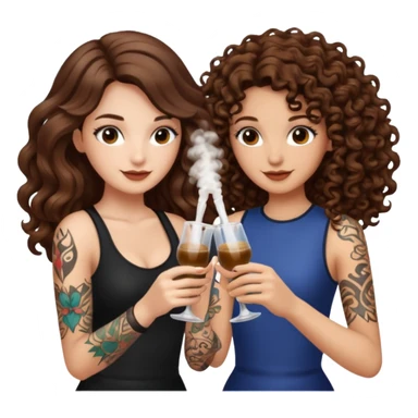 vial cheers — long wavy brown hair tattooed woman and short tight curly brown hair woman — clink potions sticker