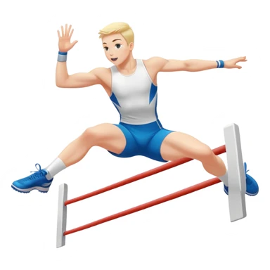 An icon of an white-skined athlete soaring over a hurdle, mid-jump, with a powerful form. The background features a vibrant stadium, with the track and hurdles in sharp focus, and a cheering crowd along the stands. The motion of the jump emphasizes speed and agility. Transparent background. sticker