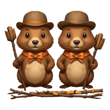 add a bow on the head of one beaver with another beaver without a bow on its head in a lodge of sticks and logs sticker