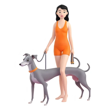 Slim Chinese woman with long black hair in appropriate beach attire at the beach with her completely solid grey Italian greyhound, ocean and sand visible, the dog has absolutely no white markings anywhere sticker
