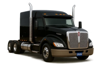 Make this 2026 Kenworth T680 Flat Top semi sleeper look ultra-realistic, with perfect lighting, chrome, and paint reflections, no air filters, flat top sleeper cab clear, no background. Render in ultra-realistic photographic style with perfect lighting and detailed chrome and paint reflections, no background. sticker