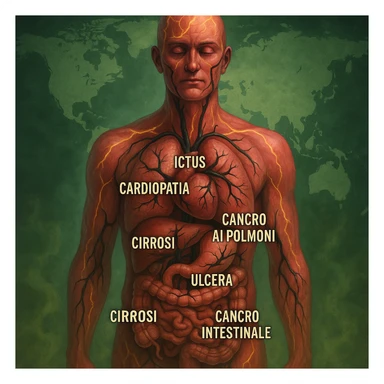semi-realistic, allegorical human figure with visible organs, black parasites branch to organs, each organ labeled with the disease name in Italian, world map, glowing fissures, green mist sticker