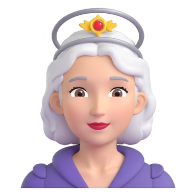 grey-haired woman with a halo sticker