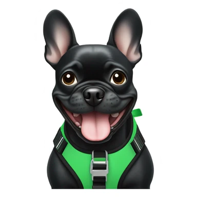 Black frenchie smiling in green harness sticker