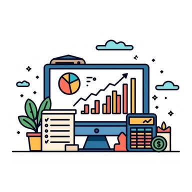 financial advisor with charts, calculator and money sticker