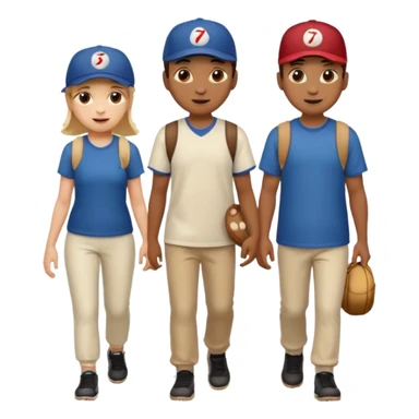 iOS emoji style. 2 adult friends and a young teenager wearing a baseball hat walking and talking.  sticker