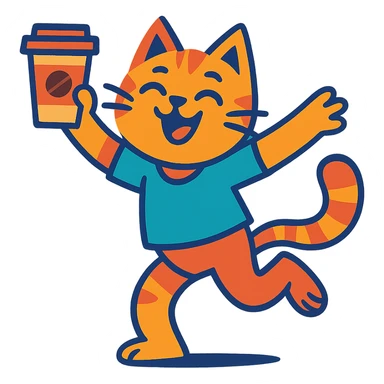 expressive illustration of a dancing cat holding a coffee, vivid colors sticker