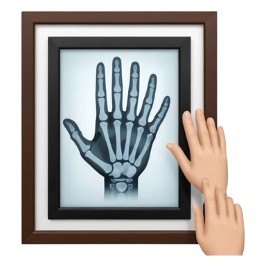 Radiografía de mano sostenida por un hombre con bata blanca  piel clara cabello café obscuro sticker