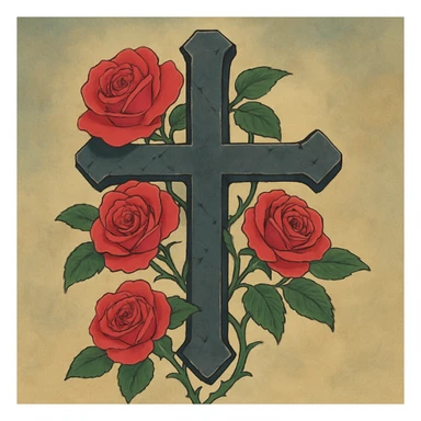 goth cross, with roses, Ghibli style sticker