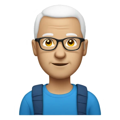 A white swedish bald man with glasses and a blue tshirt sticker