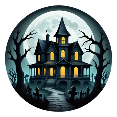 Icon for Horror Movies: A dark, eerie collage featuring iconic horror elements like a haunted house, a full moon, sinister shadows, and creepy creatures emerging from the darkness. The atmosphere should be chilling, with a feeling of suspense and fear. Transparent background. sticker