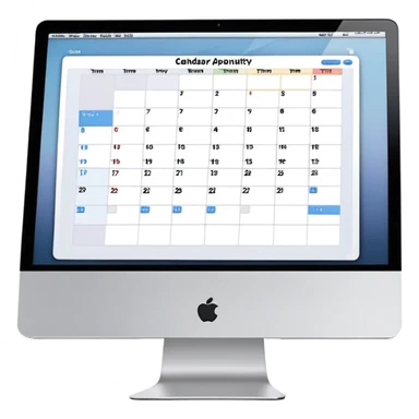 front-facing iMac displaying a day view calendar with time slots and several booked appointments sticker