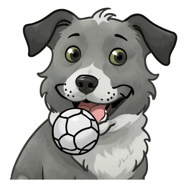 Grey white and black curly fur dog with ball in mouth sticker
