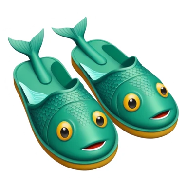 slightly green rubber pool slippers with carp eyes on the top and fish tail in the back sticker
