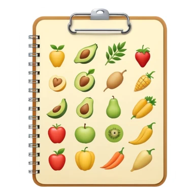 Emoji of checklist notebook with healthy food icons, nutrition planning, flat minimal emoji, pastel colors sticker