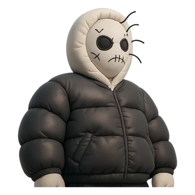 This image shows a person wearing a unique and artistic outfit. The perspective is shot from a low angle, making the figure appear imposing and dramatic. Here are the key elements:
	•	Headgear: The person is wearing a white knitted balaclava-style mask with black, irregular stitched designs and protruding black threads, giving it a surreal or avant-garde look.
	•	Clothing: The outfit appears to be a dark, possibly custom or streetwear-style jacket with visible seam or pattern details.
	•	Setting: The background is minimalistic, featuring clean white walls and sharp architectural lines, contributing to a modern and abstract aesthetic.
	•	Vibe: The overall feel is edgy, mysterious, and highly stylized—reminiscent of conceptual fashion photography or art-driven editorial shoots. sticker