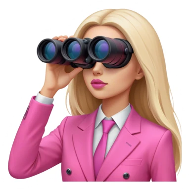 futuristic-looking woman with long hair in an intensive color pink suit looking through binocular, viewed from an angled perspective sticker