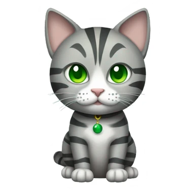 A striped grey cat with green eyes with New Year's ball sticker