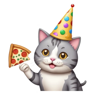 cat with a party hat, confetti around, holding a slice of pizza, college party vibe sticker