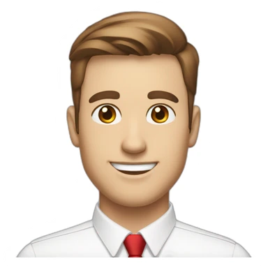 profile picture of man with long round smiling face, brown eyes and short brown hair in a white colared shirt and red tie sticker