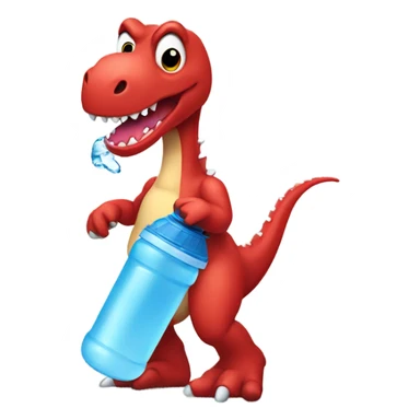 A red trex with a water bottle, wearing a black bow sticker