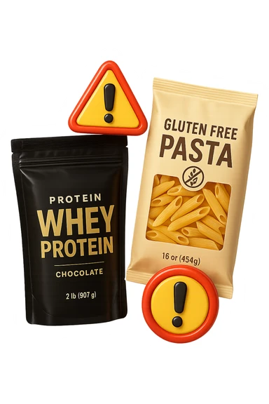 SU QUESTO STILE FAI UN EMOJI STILE IPHONE 3D DI UN pacco di whey protein e un pacco di pasta senza glutine che fluttuano in aria insieme a segnali di pericolo in 3d, FALLO MOLTO REALISTICO IN 3D sticker