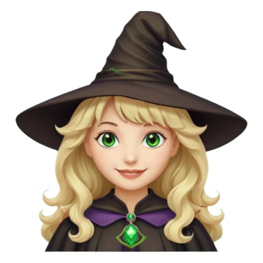 Mulher, branca, cabelos loiros e ondulados com uma franja, olhos verdes e roupa e chapéu de bruxa sticker