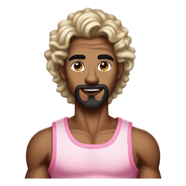 tanned, skinny, feminine-looking young man with long curly black hair, a devil-like chin beard, a big nose, black lipstick and wearing a pink tanktop sticker