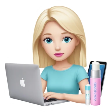 blonde long hair girl using macbook emoji. she has blue eyes and there is tatcha longevity cream (teal colour) and Summer fridays lip balm (pink sugar) in front of the laptop sticker