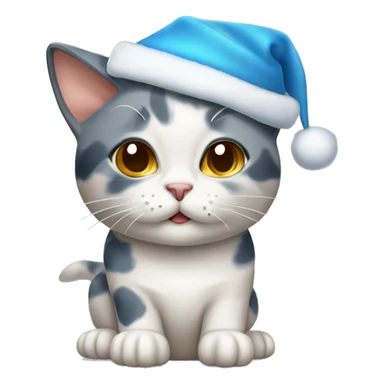 dilute calico cat with a blue x mas hat sticker