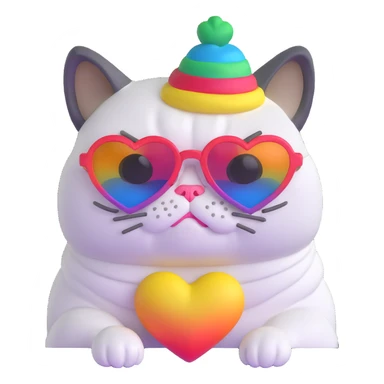 grumpy cat wearing a rainbow beanie and heart-shaped sunglasses sticker
